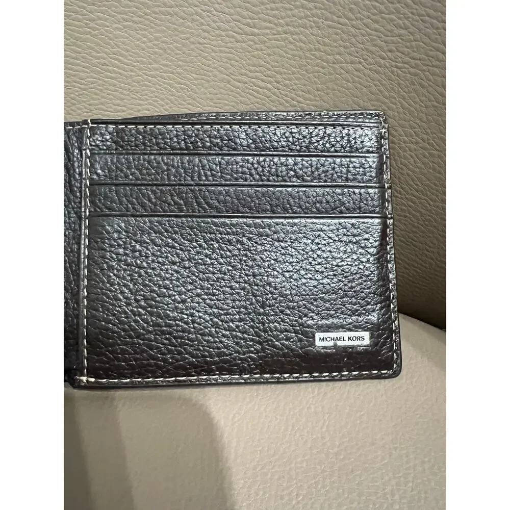 Michael Kors Mens Wallet Brown Pebbled Leather Bifold Embossed Logo